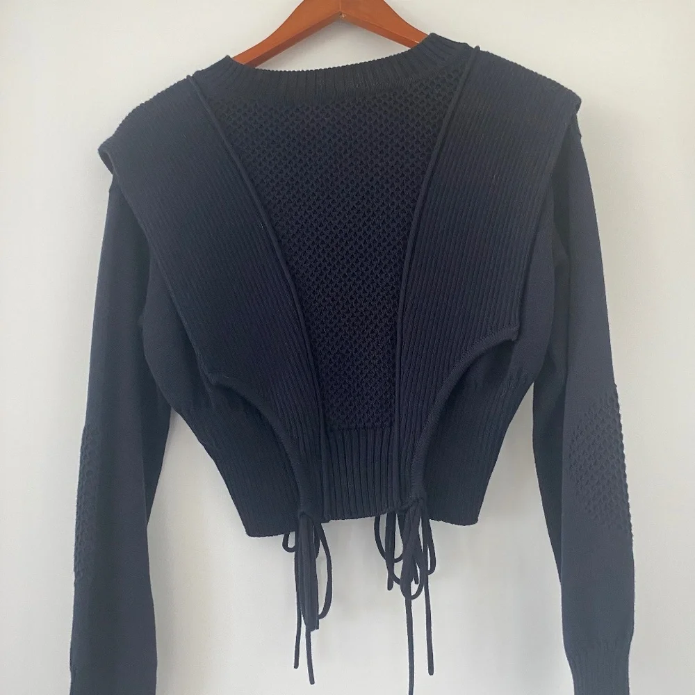 Fendi Knitwear Pullover- Tie-Detailed Paneled Cotton Sweater- Navy Blue - Picture 4 of 6
